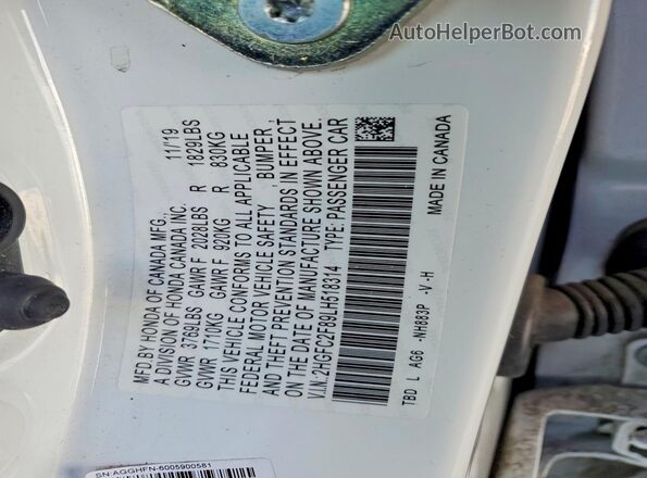 2HGFC2F89LH518314 2020 HONDA CIVIC White Vista de la etiqueta del VIN