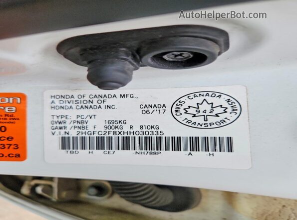 2HGFC2F8XHH030335 2017 HONDA CIVIC White Vista de la etiqueta del VIN