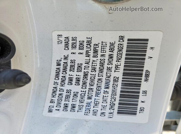 2HGFC2F8XKH521852 2019 HONDA CIVIC White VIN კოდის სტიკერის ხედი