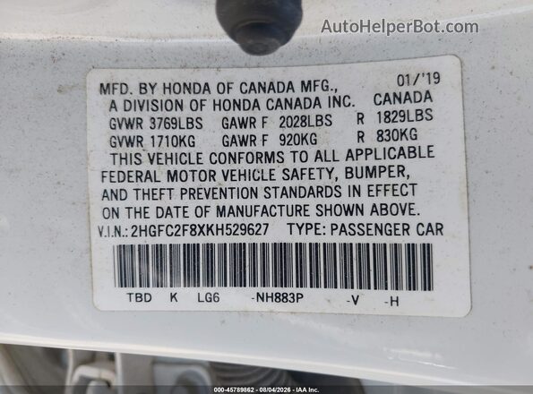 2HGFC2F8XKH529627 2019 HONDA CIVIC Белый Вид подкапотного пространства