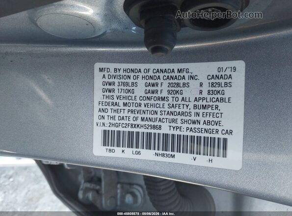 2HGFC2F8XKH529868 2019 HONDA CIVIC Gray Vista del compartimento del motor