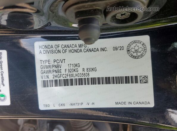 2HGFC2F8XLH035608 2020 HONDA CIVIC Black Շարժիչի բաժամունքի տեսք