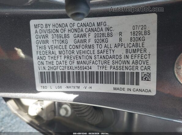 2HGFC2F8XLH569434 2020 HONDA CIVIC Blue Շարժիչի բաժամունքի տեսք