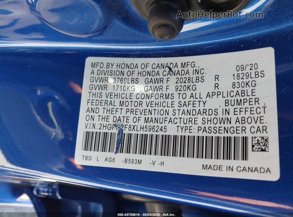 2HGFC2F8XLH596245 2020 HONDA CIVIC Blue Շարժիչի բաժամունքի տեսք