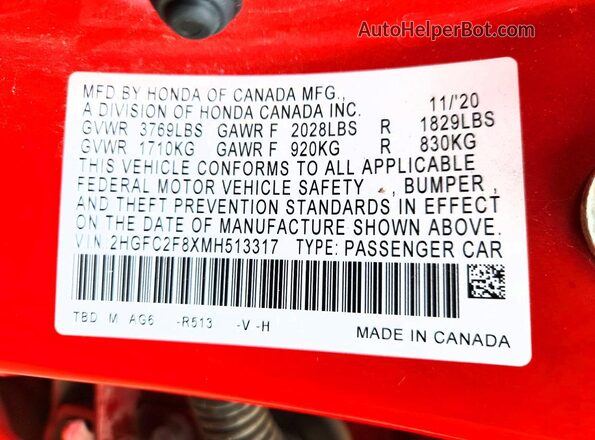 2HGFC2F8XMH513317 2021 HONDA CIVIC Red VIN կոդի պիտակի տեսք