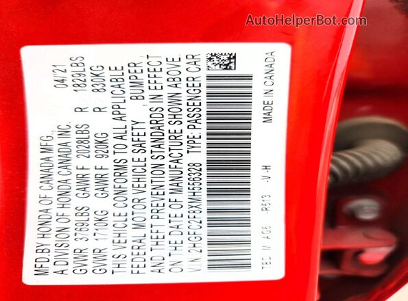 2HGFC2F8XMH556328 2021 HONDA CIVIC Red ძრავის განყოფილების ხედი