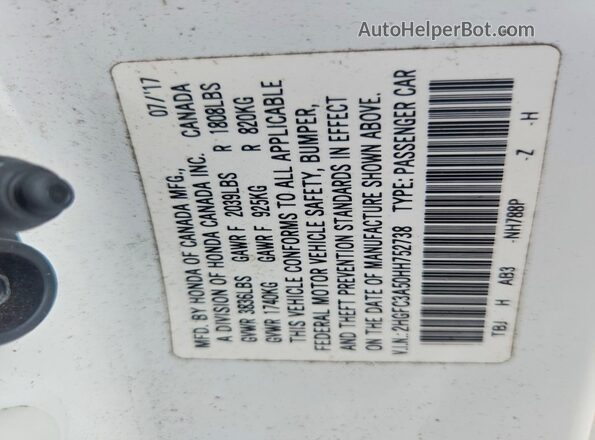 2HGFC3A50HH752738 2017 HONDA CIVIC White VIN კოდის სტიკერის ხედი