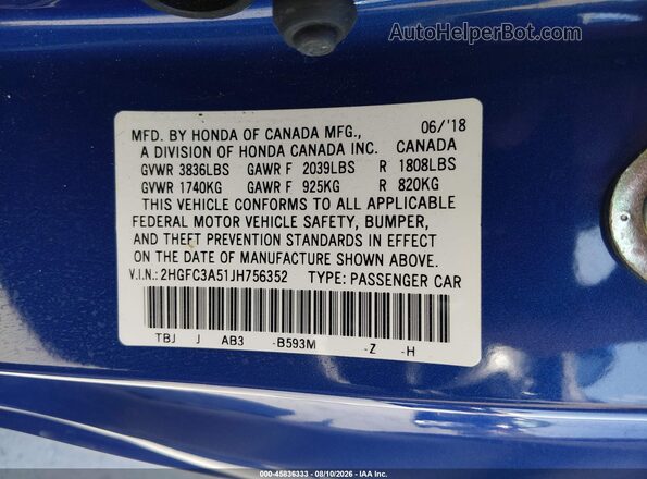 2HGFC3A51JH756352 2018 HONDA CIVIC Blue ძრავის განყოფილების ხედი