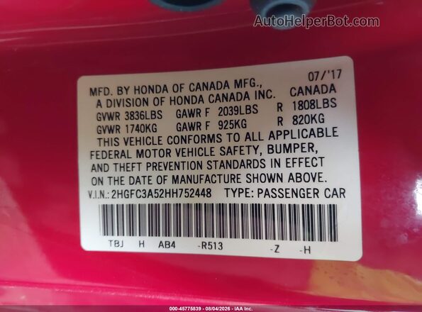 2HGFC3A52HH752448 2017 HONDA CIVIC Red Vista del compartimento del motor