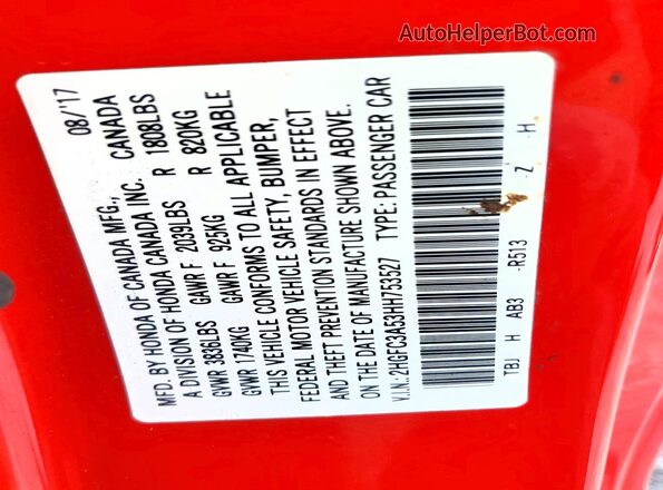 2HGFC3A53HH753527 2017 HONDA CIVIC Red Widok naklejki z numerem VIN
