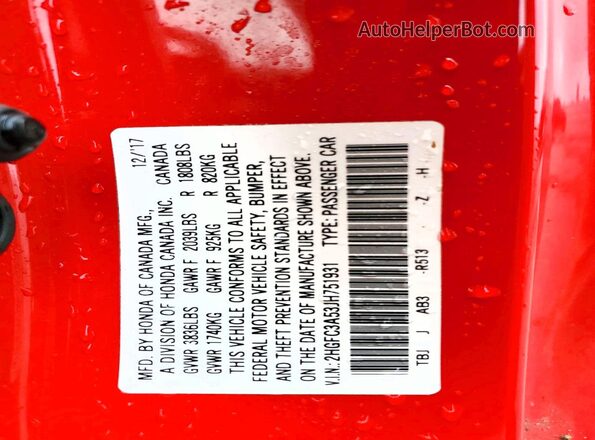 2HGFC3A53JH751931 2018 HONDA CIVIC Red Engine compartment view
