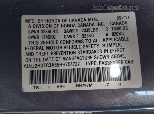 2HGFC3A55HH754727 2017 HONDA CIVIC Black Engine compartment view