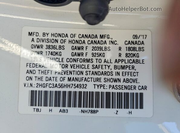 2HGFC3A56HH754932 2017 HONDA CIVIC White Widok naklejki z numerem VIN