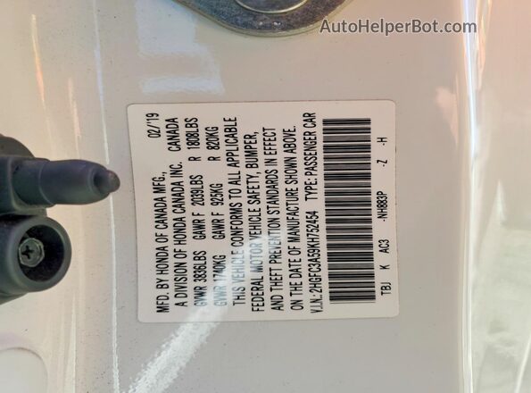 2HGFC3A59KH752454 2019 HONDA CIVIC White Շարժիչի բաժամունքի տեսք