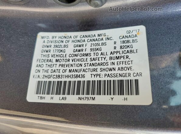 2HGFC3B31HH358436 2017 HONDA CIVIC Серый Вид подкапотного пространства