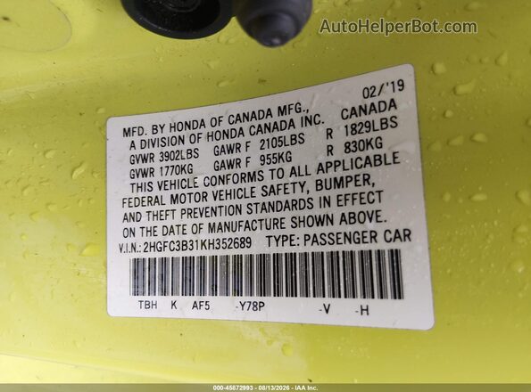 2HGFC3B31KH352689 2019 HONDA CIVIC Зеленый Вид подкапотного пространства