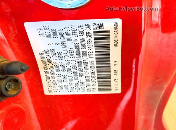 2HGFC3B31KH356175 2019 HONDA CIVIC Red ძრავის განყოფილების ხედი