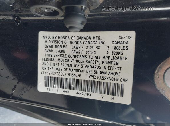 2HGFC3B32JH354076 2018 HONDA CIVIC Black Вид підкапотного простору