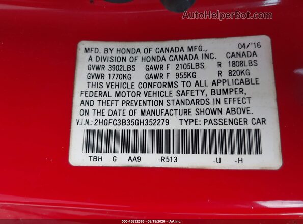 2HGFC3B35GH352279 2016 HONDA CIVIC Red Engine compartment view