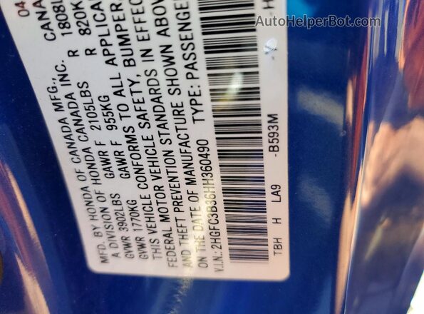 2HGFC3B36HH360490 2017 HONDA CIVIC Blue Widok naklejki z numerem VIN