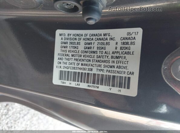 2HGFC3B37HH361308 2017 HONDA CIVIC Gray Շարժիչի բաժամունքի տեսք