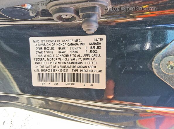 2HGFC3B38KH354231 2019 HONDA CIVIC Black Շարժիչի բաժամունքի տեսք