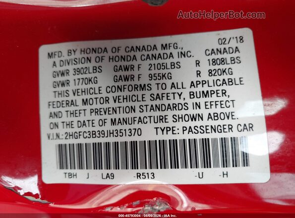 2HGFC3B39JH351370 2018 HONDA CIVIC Red Vista del compartimento del motor