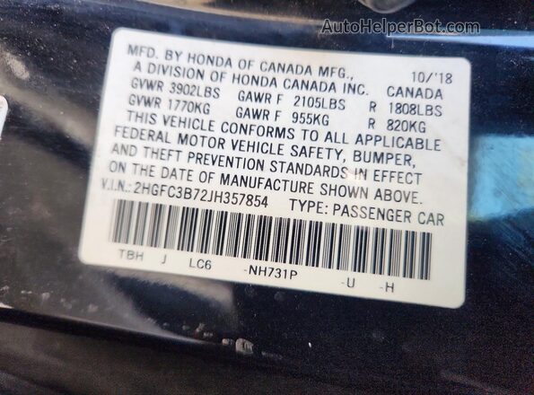 2HGFC3B72JH357854 2018 HONDA CIVIC Черный Вид подкапотного пространства