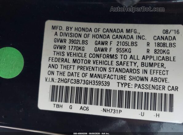 2HGFC3B73GH359539 2016 HONDA CIVIC Black Widok komory silnika