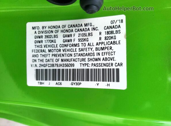 2HGFC3B79JH356099 2018 HONDA CIVIC Green Շարժիչի բաժամունքի տեսք
