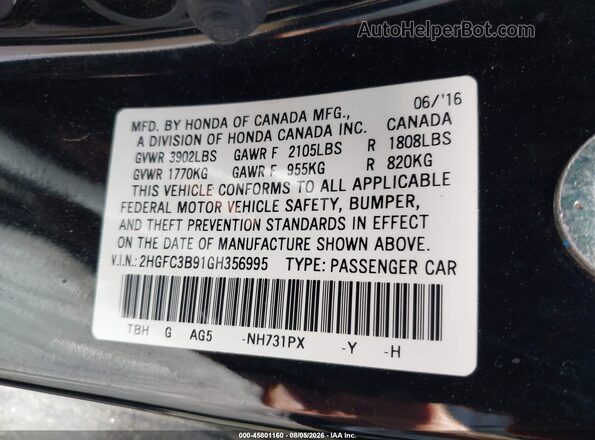 2HGFC3B91GH356995 2016 HONDA CIVIC Черный Вид подкапотного пространства