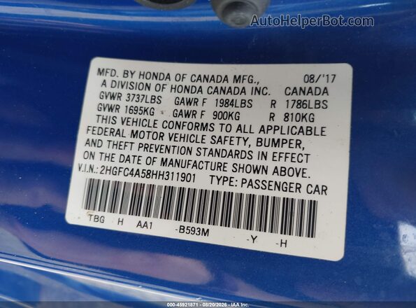 2HGFC4A58HH311901 2017 HONDA CIVIC Blue ძრავის განყოფილების ხედი