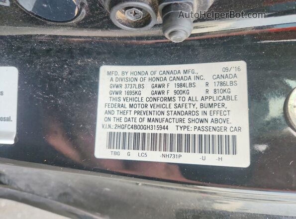 2HGFC4B00GH315944 2016 HONDA CIVIC Black Vista del compartimento del motor