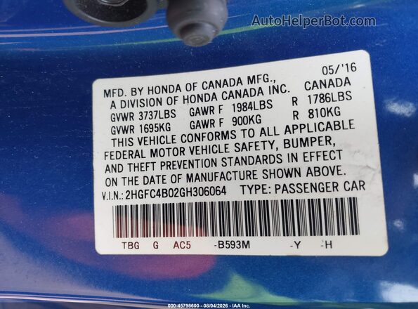2HGFC4B02GH306064 2016 HONDA CIVIC Blue Widok komory silnika