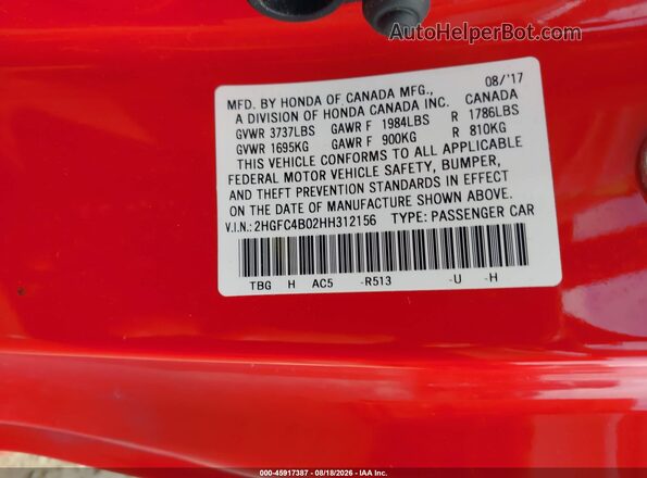 2HGFC4B02HH312156 2017 HONDA CIVIC Red Вид підкапотного простору