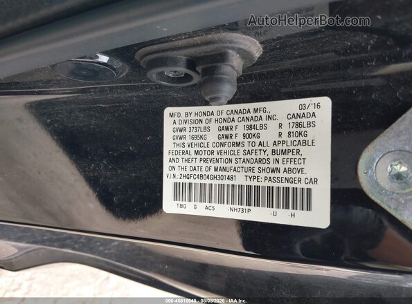2HGFC4B04GH301481 2016 HONDA CIVIC Black Engine compartment view