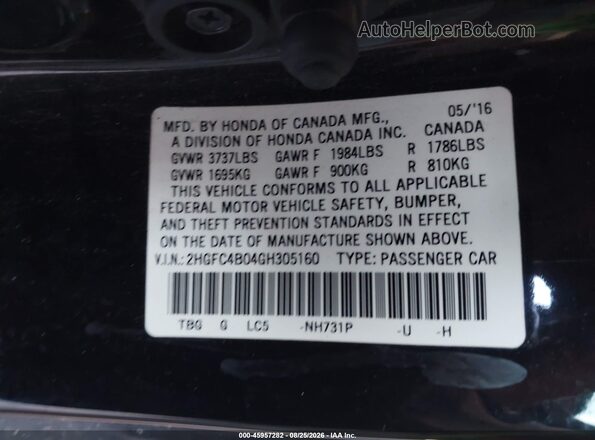 2HGFC4B04GH305160 2016 HONDA CIVIC Black Engine compartment view