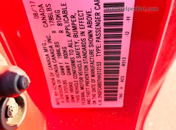 2HGFC4B07HH312153 2017 HONDA CIVIC Red VIN sticker view