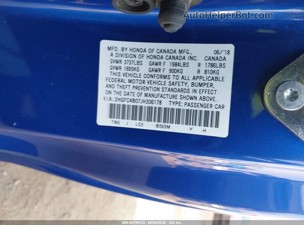 2HGFC4B07JH306178 2018 HONDA CIVIC Синий Вид подкапотного пространства