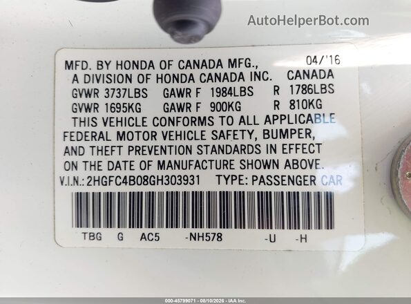 2HGFC4B08GH303931 2016 HONDA CIVIC White Widok komory silnika