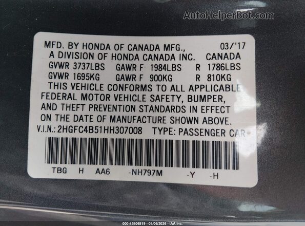 2HGFC4B51HH307008 2017 HONDA CIVIC Gray Engine compartment view