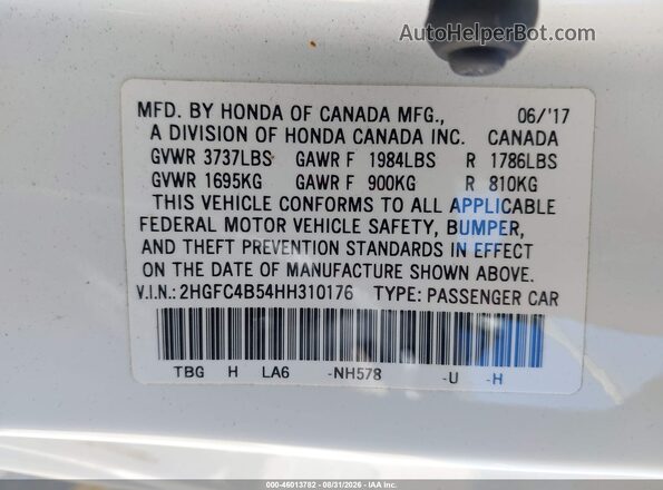 2HGFC4B54HH310176 2017 HONDA CIVIC White Widok komory silnika