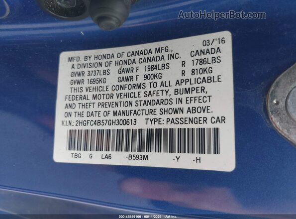 2HGFC4B57GH300613 2016 HONDA CIVIC Blue Engine compartment view