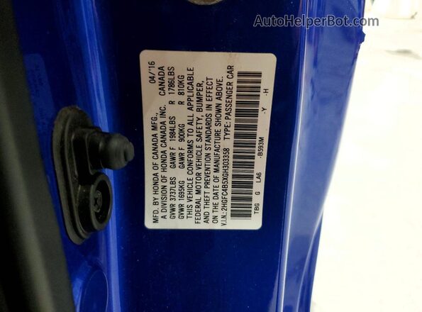 2HGFC4B5XGH303358 2016 HONDA CIVIC Blue Widok komory silnika