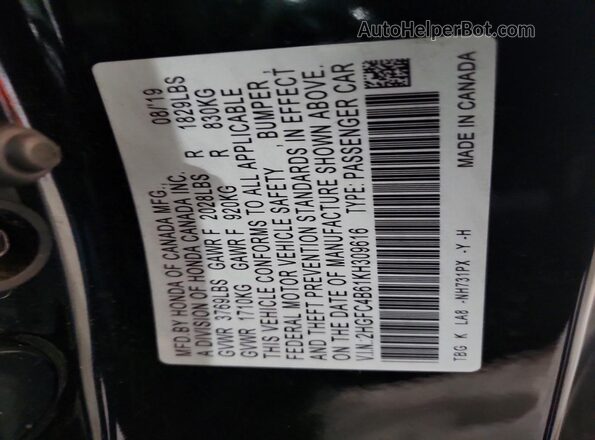2HGFC4B61KH309616 2019 HONDA CIVIC Black Engine compartment view