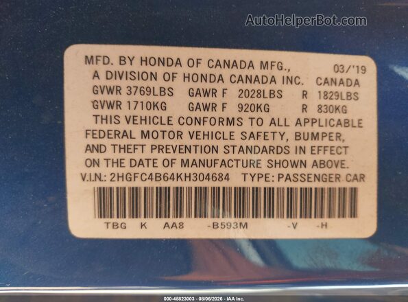2HGFC4B64KH304684 2019 HONDA CIVIC Blue ძრავის განყოფილების ხედი