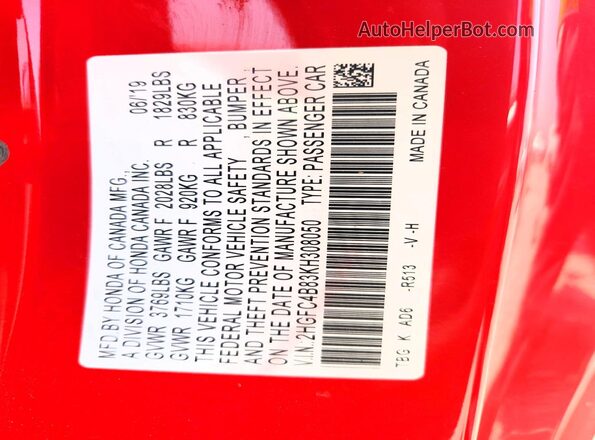 2HGFC4B83KH308050 2019 HONDA CIVIC Red Շարժիչի բաժամունքի տեսք