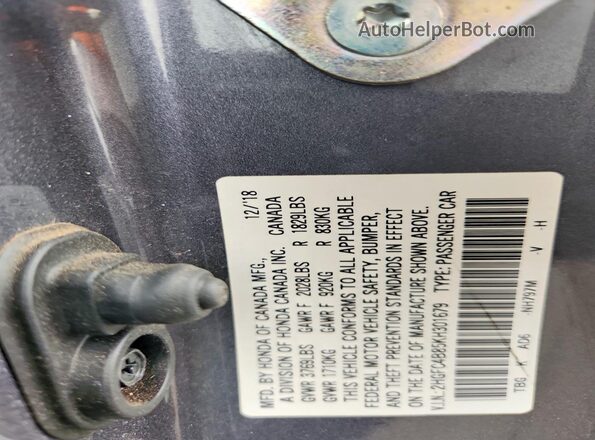 2HGFC4B85KH301679 2019 HONDA CIVIC Gray Вид підкапотного простору