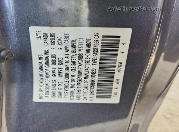 2HGFC4B86KH304820 2019 HONDA CIVIC Gray ძრავის განყოფილების ხედი