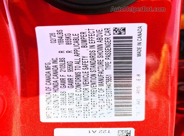 2HGFE1E53TH475651 2026 HONDA CIVIC Red Engine compartment view